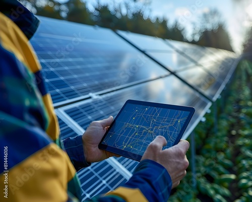 Engineers using digital tablet to monitor and control large solar power plant in remote countryside location photo