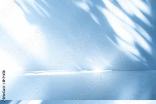 Empty studio interior background and backdrop and product display stand with shadow white and blue on blank text background for inserting text	
