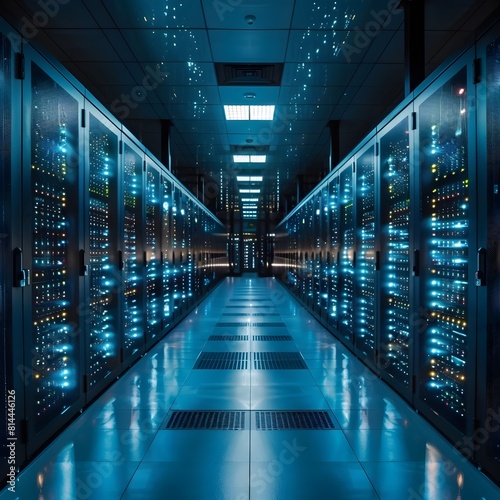 Rows of Illuminated Server Racks in a Futuristic Cloud Computing Data Center © Thares2020