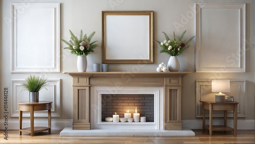 Simple Mantel Frame Mockup: A frame mockup displayed on a fireplace mantel, providing a simple and elegant presentation option for decorating living spaces. 