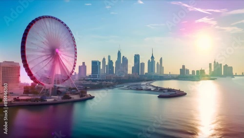 Aerial view of downtown Dubai with luxury apartments and observation wheel. Concept Aerial Photography, Urban Architecture, Luxury Living, Dubai Skyline, Observation Wheel photo