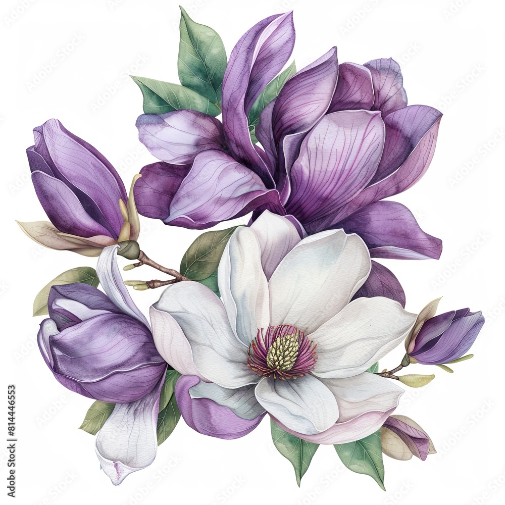 White and purple magnolia flower watercolor clipart illustration on white background White and purple magnolia flower watercolor clipart illustration on white background