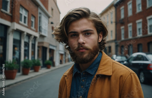 A teenage boy with a well-maintained beard, wearing casual yet fashionable clothing, Generative AI