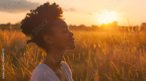 meditating young practicing outdoors outside golden copy american african female hour nature weather air black meditating woman breathing breathing space fresh deep sunset in warm happy wellness photo