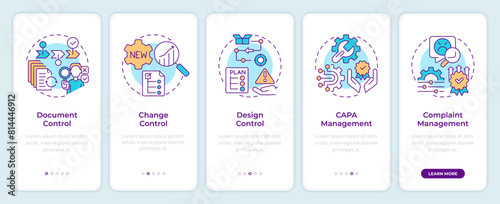 QMS processes onboarding mobile app screen. Document control. Walkthrough 5 steps editable graphic instructions with linear concepts. UI, UX, GUI template. Montserrat SemiBold, Regular fonts used