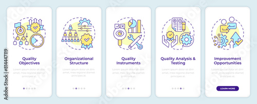 Quality management system elements onboarding mobile app screen. Walkthrough 5 steps editable graphic instructions with linear concepts. UI, UX, GUI template. Montserrat SemiBold, Regular fonts used