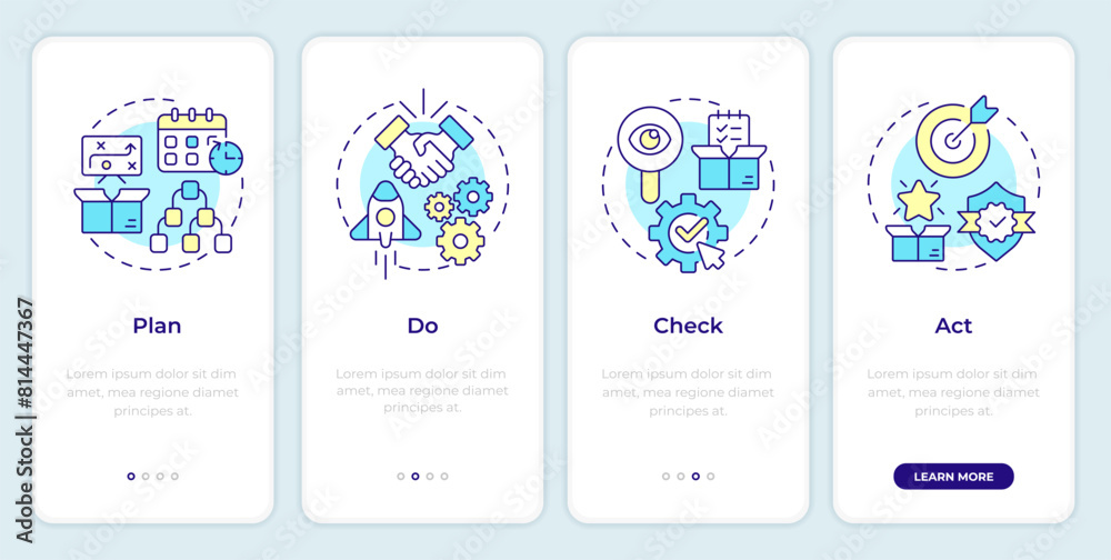 PDCA cycle onboarding mobile app screen. Plan do check act. Walkthrough 4 steps editable graphic instructions with linear concepts. UI, UX, GUI template. Montserrat SemiBold, Regular fonts used PDCA cycle onboarding mobile app screen. Plan do check act. Walkthrough 4 steps editable graphic instructions with linear concepts. UI, UX, GUI template. Montserrat SemiBold, Regular fonts used