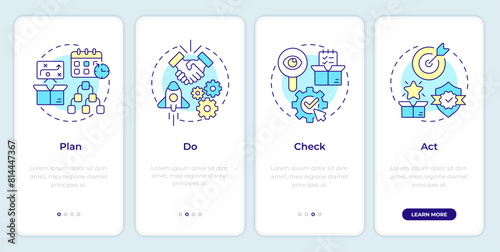 PDCA cycle onboarding mobile app screen. Plan do check act. Walkthrough 4 steps editable graphic instructions with linear concepts. UI, UX, GUI template. Montserrat SemiBold, Regular fonts used