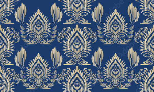 Hand draw Ethnic fabric pattern .Ikat embroidery Ethnic oriental Pixel pattern blue background.great for textiles, banners, wallpapers, wrapping vector design.