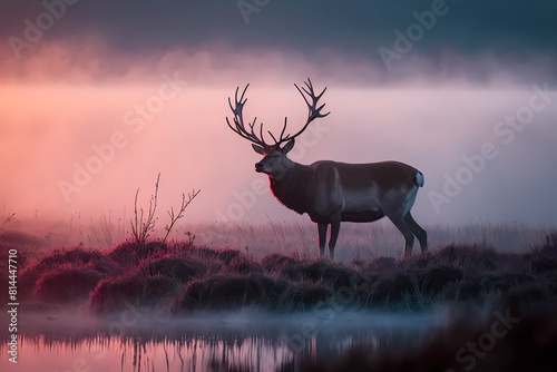 Sunset nature scene with deer standing near water.