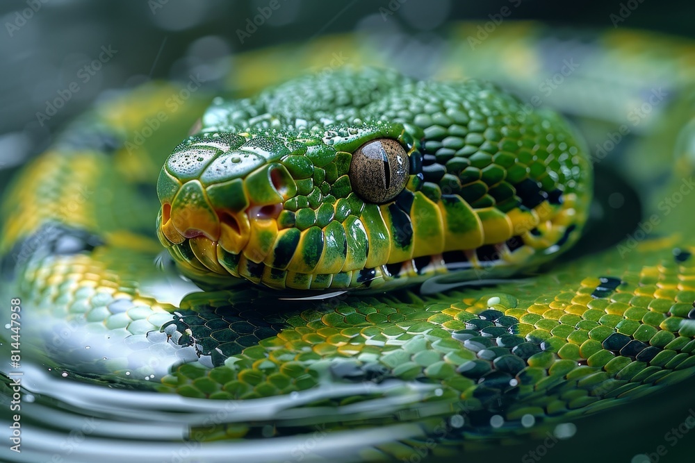 Fototapeta premium Green Anaconda: Swirling in water with coils visible, representing aquatic lifestyle.