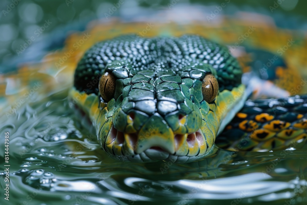 Fototapeta premium Green Anaconda: Swirling in water with coils visible, representing aquatic lifestyle.