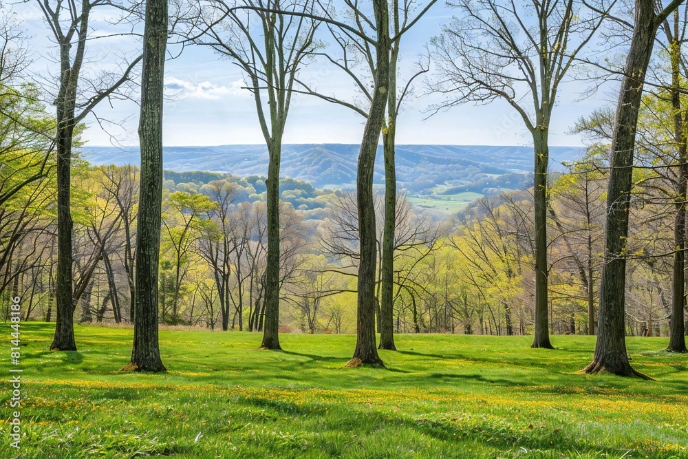Panoramic View of a Forest Bathed in Sunlight beneath a Clear Blue Sky
