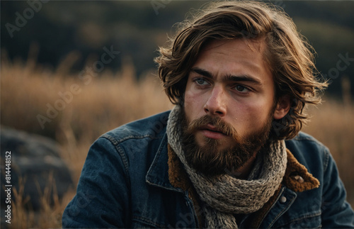 A teenage boy with a rugged yet stylish beard, wearing laid-back attire, Generative AI