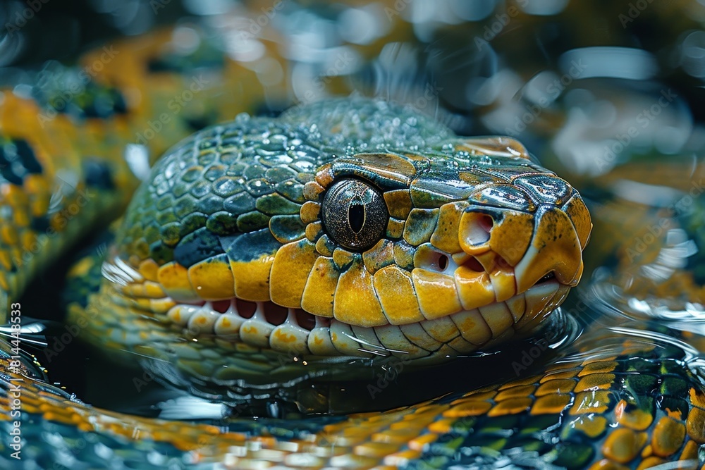 Fototapeta premium Green Anaconda: Swirling in water with coils visible, representing aquatic lifestyle.