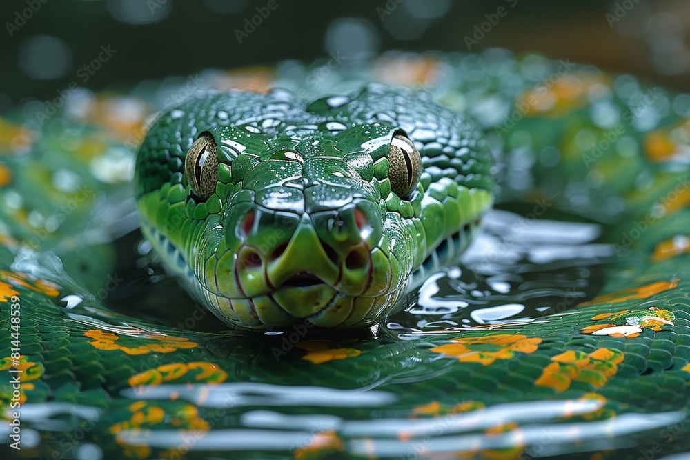 Fototapeta premium Green Anaconda: Swirling in water with coils visible, representing aquatic lifestyle.
