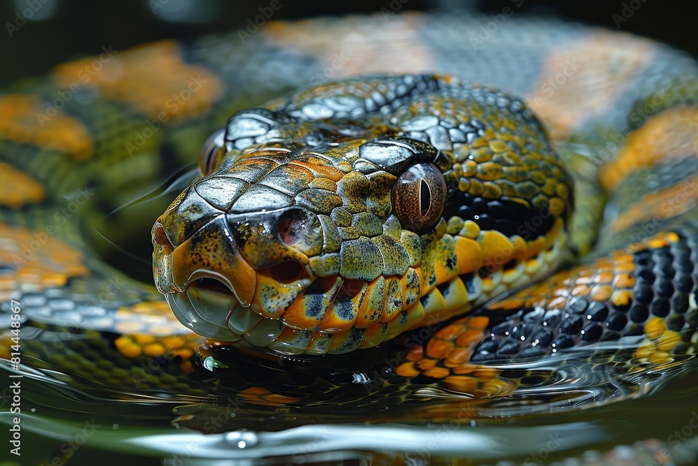 Fototapeta premium Green Anaconda: Swirling in water with coils visible, representing aquatic lifestyle.
