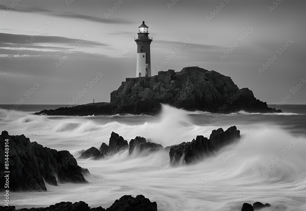 Black and White Lighthouse: Coastal Isolation at Dusk