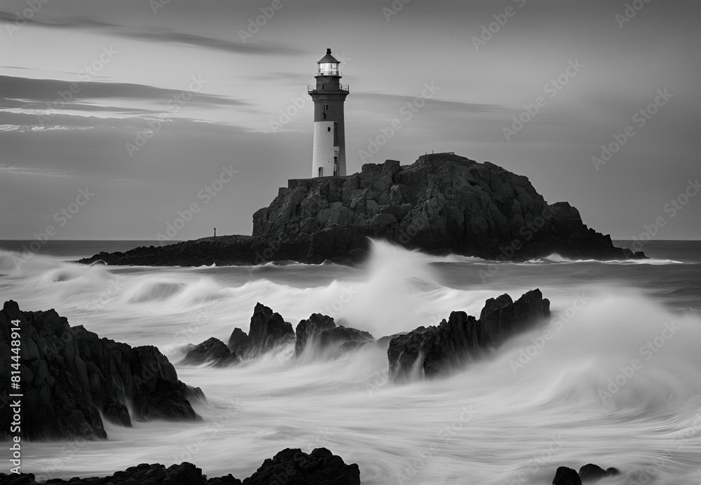 Black and White Lighthouse: Coastal Isolation at Dusk Black and White Lighthouse: Coastal Isolation at Dusk