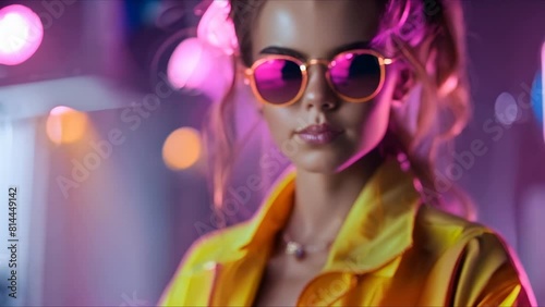 Fashionable female DJ in retro neon jacket and sunglasses 80s90s style. Concept Fashion, Female DJ, Retro, Neon Jacket, Sunglasses, 80s, 90s Style photo