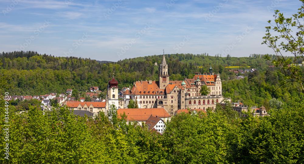 Panorama Blick auf die Kirche St. Johann in Sigmaringen vom Josefsberg im oberen Donautal. Panorama Blick auf die Kirche St. Johann in Sigmaringen vom Josefsberg im oberen Donautal.
