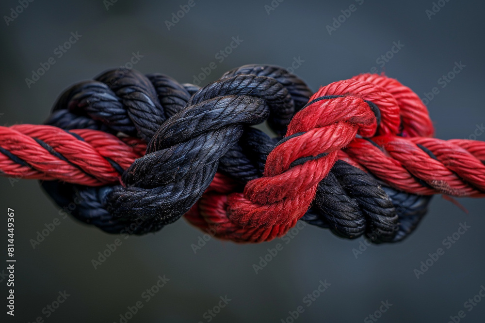 A close-up image showcasing two intertwined ropes, one red and one black, symbolizing a strong bond, unity, or partnership, tied together in a secure knot on a neutral background A close-up image showcasing two intertwined ropes, one red and one black, symbolizing a strong bond, unity, or partnership, tied together in a secure knot on a neutral background
