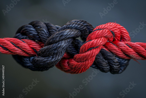 A close-up image showcasing two intertwined ropes, one red and one black, symbolizing a strong bond, unity, or partnership, tied together in a secure knot on a neutral background 