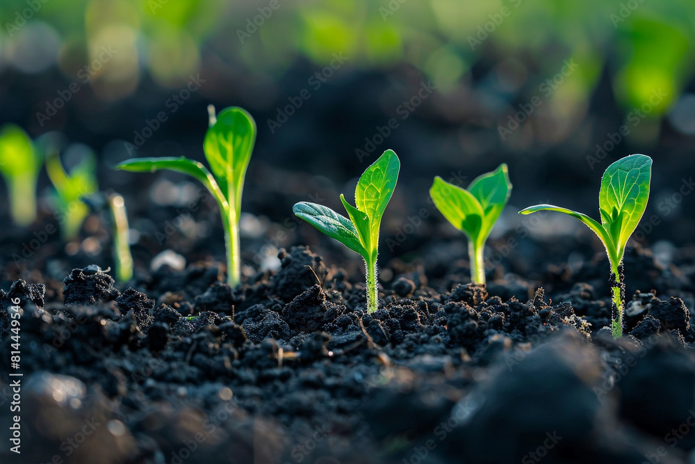 Fototapeta premium A close-up of vibrant green seedling sprouts emerging from rich soil, symbolizing new growth and the beginning of spring 