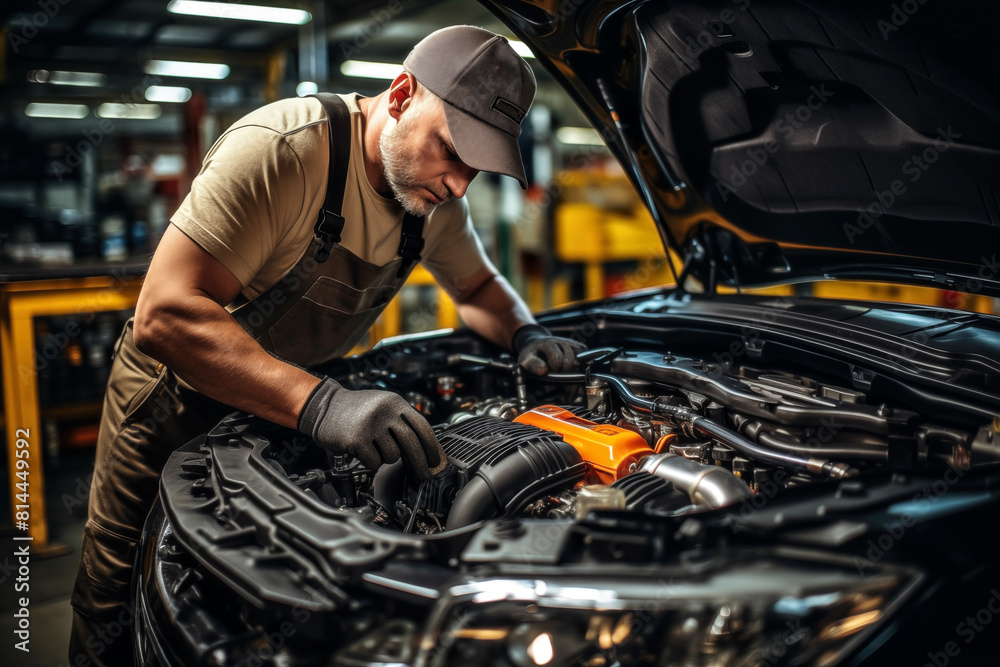 Car mechanic in uniform working in auto repair shop. Car service industry. Car mechanic in uniform working in auto repair shop. Car service industry.