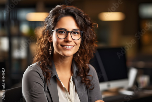Confident young professional woman with curly hair and glasses smiling in a corporate office
