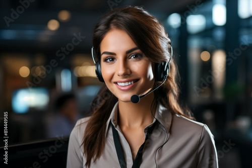Friendly female customer service representative with headset in office