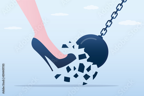Woman foot in high heels breaks wrecking ball. Overcoming obstacles, feminine power. Human rights, gender equality. Success in career and business.