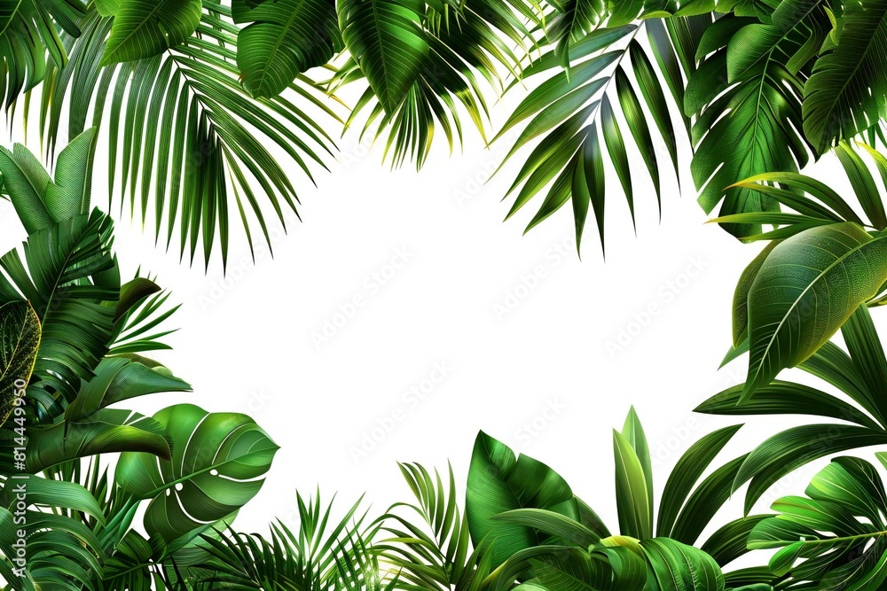 Banner featuring vivid green palm leaves against a blank white backdrop
