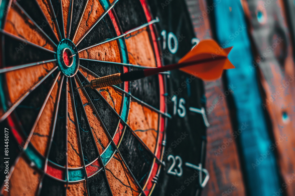 A close-up view of a sharp dart perfectly hitting the bullseye on a dartboard, symbolizing accuracy, goal achievement, and successful precision in performance A close-up view of a sharp dart perfectly hitting the bullseye on a dartboard, symbolizing accuracy, goal achievement, and successful precision in performance