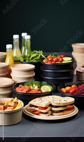 Catering, paper utensils - paper plates, food containers, cups and wooden cutlery set against gray wall background © Saad