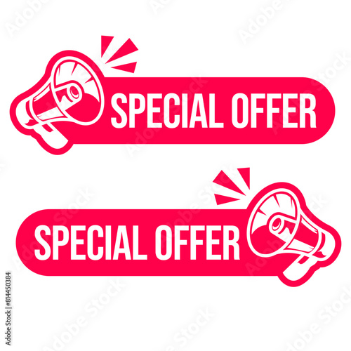 Best choice, promotion, order now, special offer, new and big sale banners. Red ribbons, tags and stickers. Megaphone label icon logo. Vector illustration.