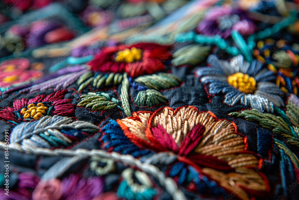 A close-up view of intricate classic embroidery, showcasing the detailed stitch work and vibrant colors of textile arts  