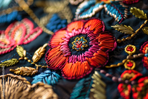 A close-up view of intricate classic embroidery, showcasing the detailed stitch work and vibrant colors of textile arts  