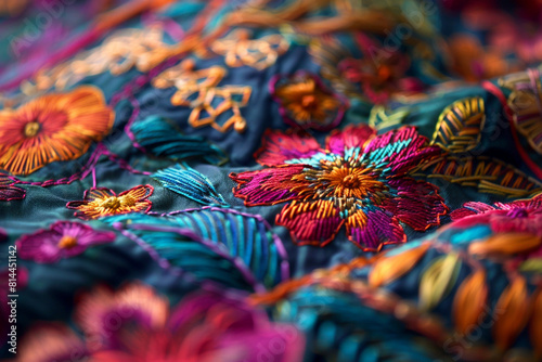 A close-up view of intricate classic embroidery, showcasing the detailed stitch work and vibrant colors of textile arts   © Tohamina