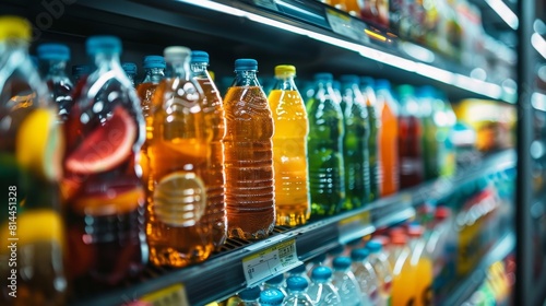 Sharp focus close-up of chilled drinks in a supermarket fridge, isolated background with optimal studio lighting for advertising
