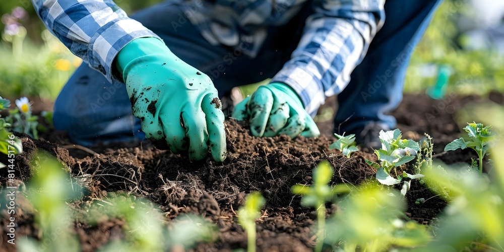Naklejka premium Examining Soil Quality on an Organic Farm: A Man in Green Gloves. Concept Soil testing, Organic farming, Green gloves, Soil quality, Agriculture