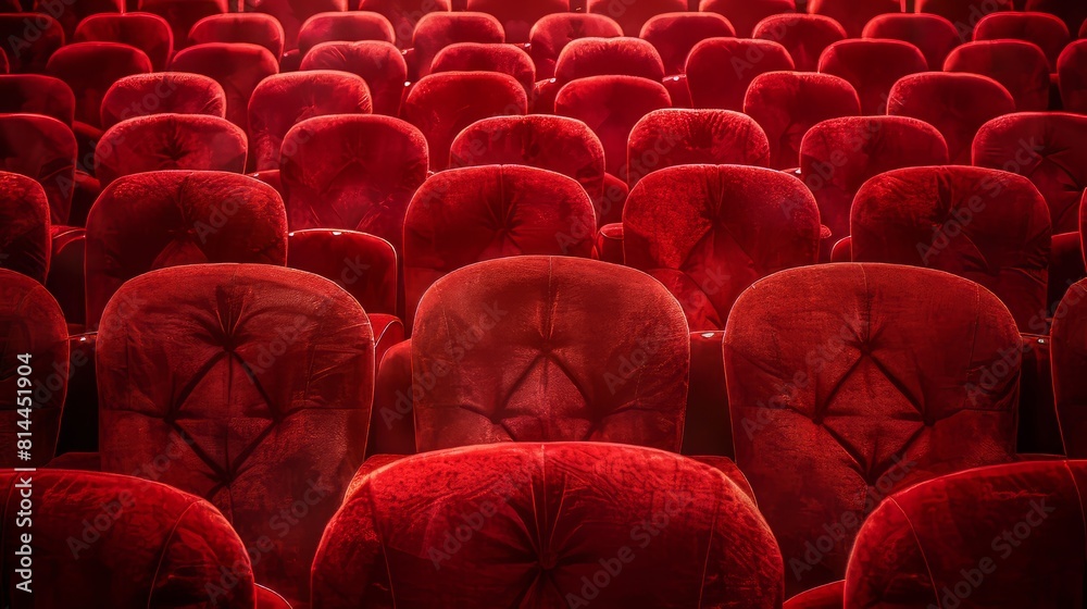 Fototapeta premium Plush red theater seats, captured up close in neat rows with a focus on clarity, isolated background and studio lighting for ads