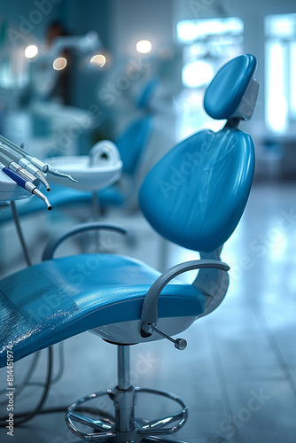 Blue dentist chair in a professional dentist office. Dental clinic creative background  dentist office website graphic. Teeth hygiene  dental equipment and dentistry banner.