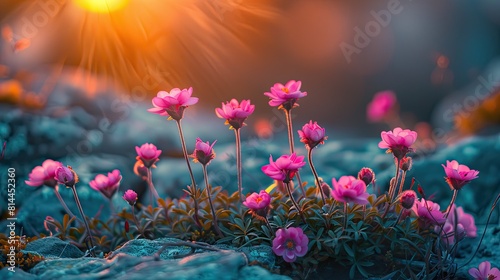 Delicate Pink Flowers Against Rugged Rocky Landscape