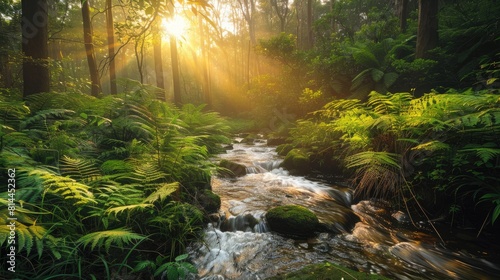 Serene Forest Scene with Lush Vegetation and Gentle Stream