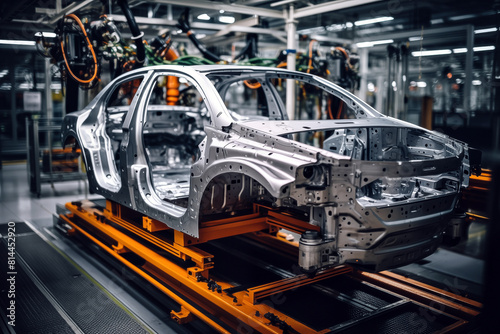 Automotive assembly line. Assembly line of automobile factory. Modern automotive industry
