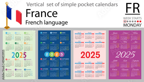 French vertical set of pocket calendar for 2025. Week starts Monday