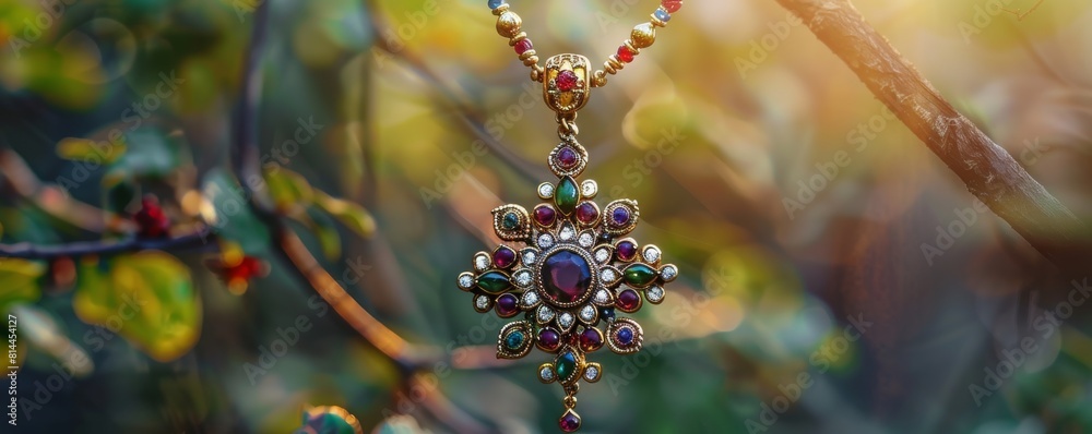 Elegant neck adorned with a uniquely designed pendant featuring vibrant colored stones, set against a dreamy, blurred background to emphasize its magical charm Elegant neck adorned with a uniquely designed pendant featuring vibrant colored stones, set against a dreamy, blurred background to emphasize its magical charm