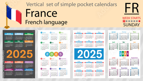 French vertical set of pocket calendar for 2025. Week starts Sunday