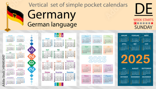 German vertical set of pocket calendar for 2025. Week starts Sunday